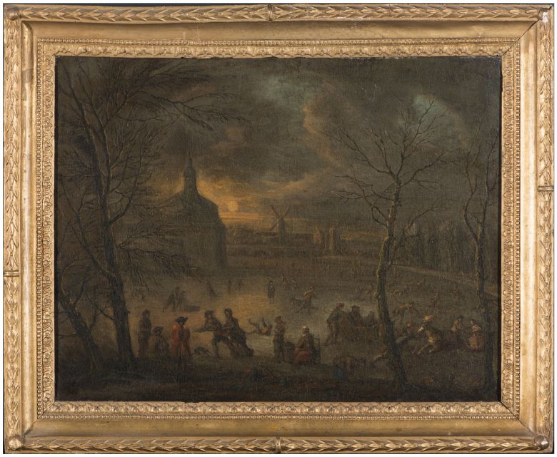 Moonlit landscape in winter by Justus van Huysum