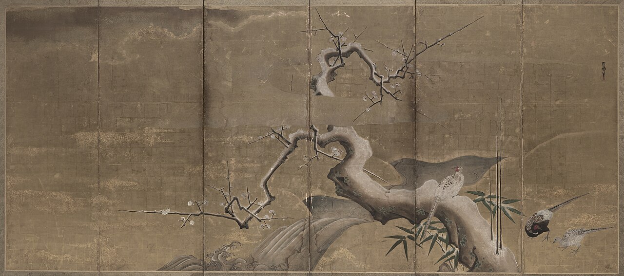 Winter Scene with Plum Trees and Pheasants (Birds Left) by Kanō Naonobu