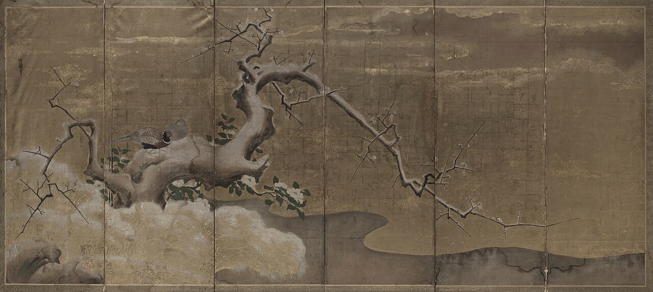 Winter Scene with Plum Trees and Pheasants (Birds Right) by Kanō Naonobu