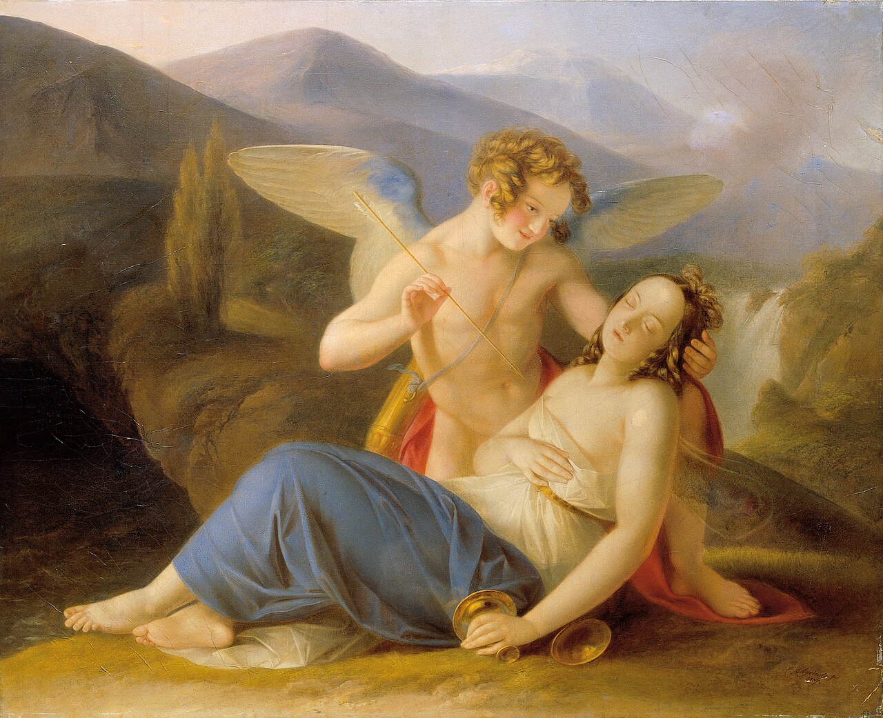 Psyche is awakened from fainting by Cupid's arrow by Karl Agricola