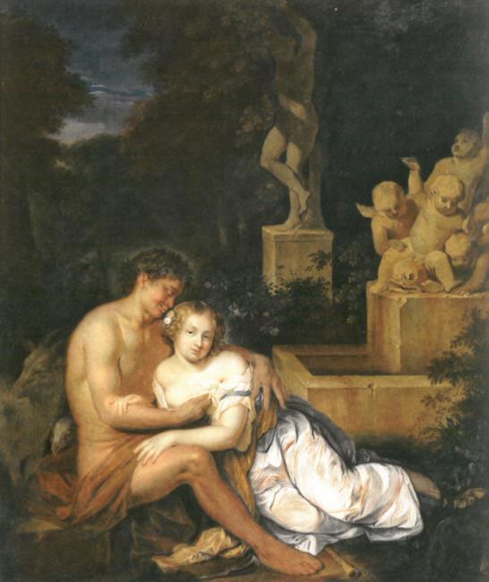 Pastoral scene, after Caspar Netscher by Karoline Luise of Hesse-Darmstadt