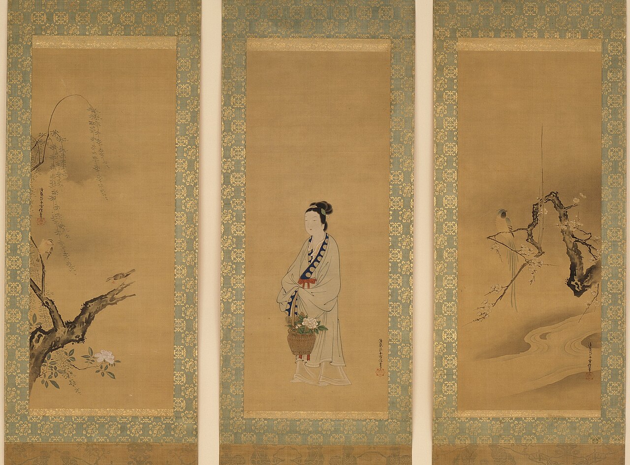 Reishō: Paragon of Filiel Piety; Chinese Blue Magpie with Flowering Plum; Sparrows, Willow, and Rose by Kiyohara Yukinobu