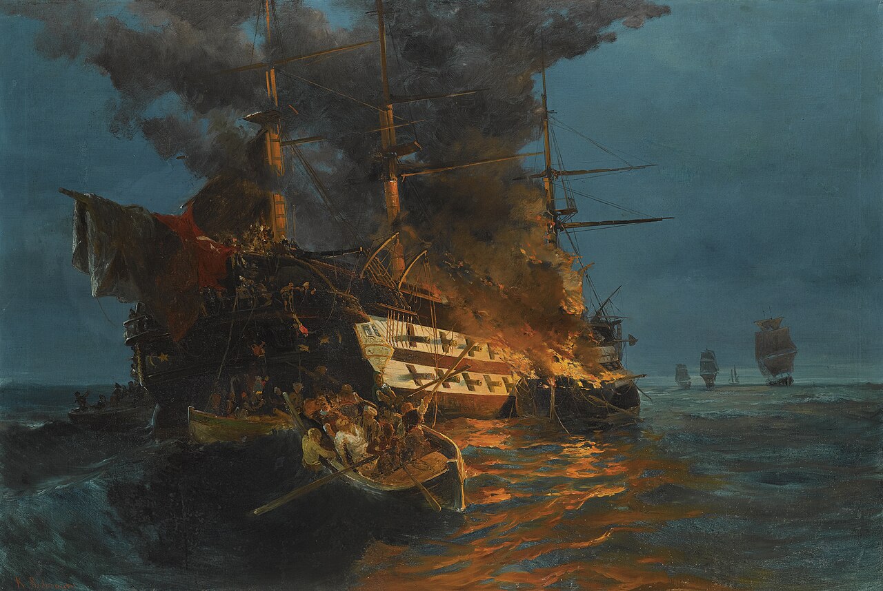 The burning of a Turkish frigate by Konstantinos Volanakis