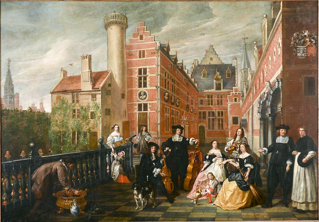 Portrait of a family with a royal prince in the courtyard of a palace in Brussels by Lancelot Volders