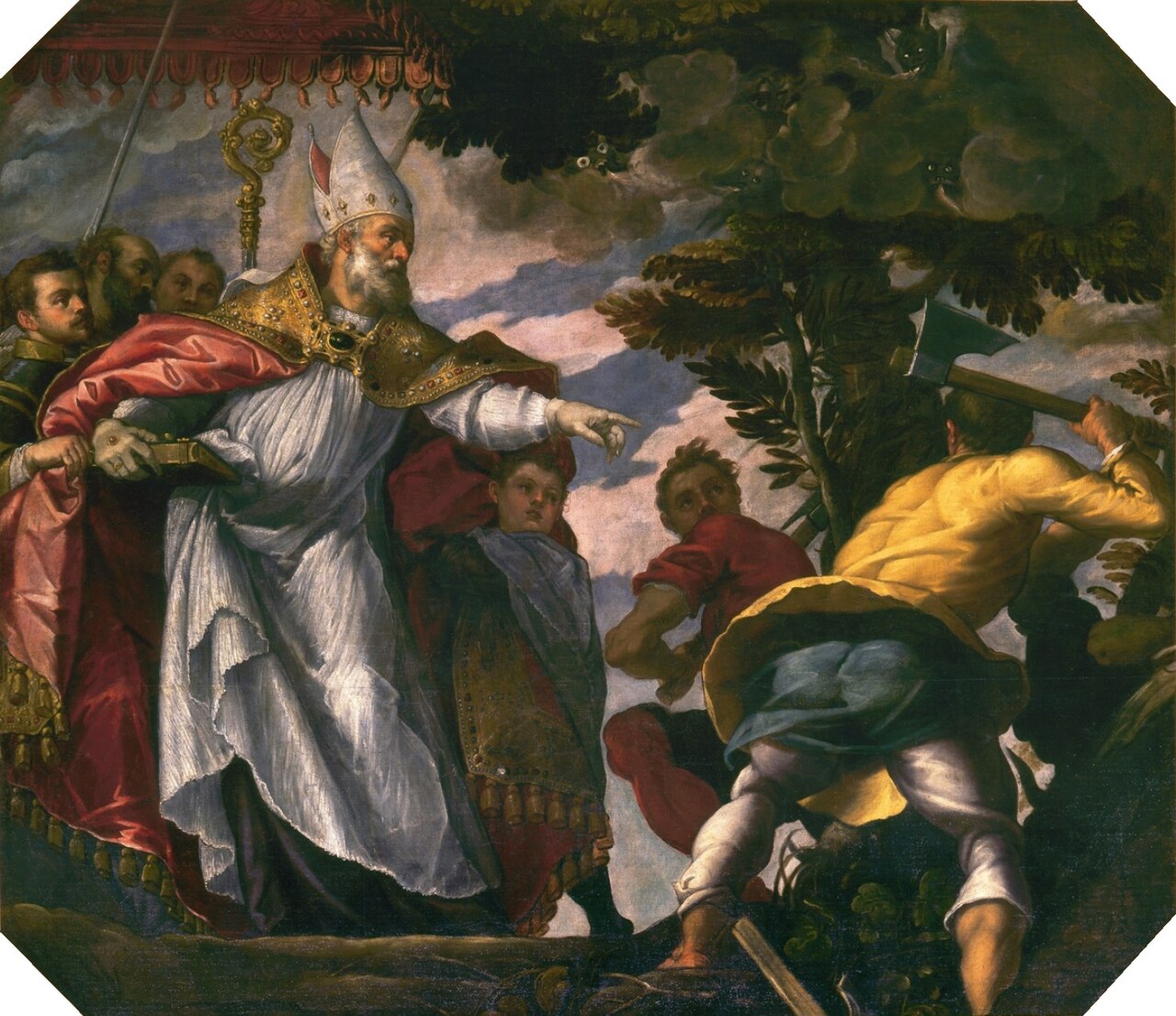 St. Nicholas in the act of cutting down a tree worshiped by heathens by Leonardo Corona