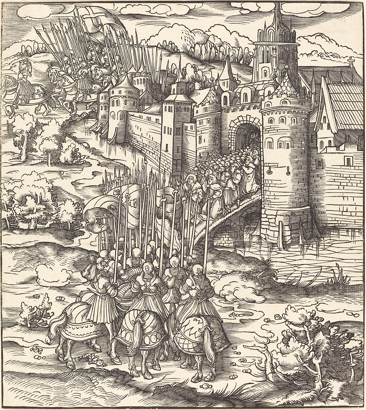 Various Men Kneeling on a Bridge in front of a Town by Leonhard Beck