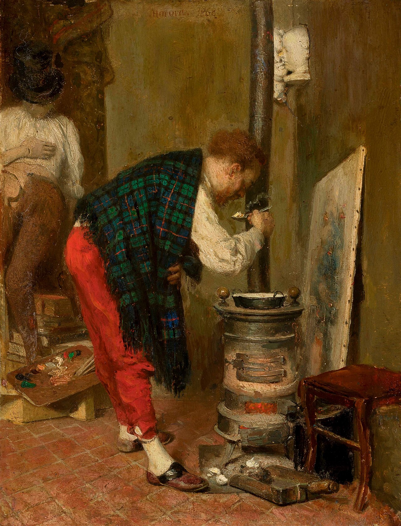 Artist's studio with self-portrait. by Leopold Horovitz