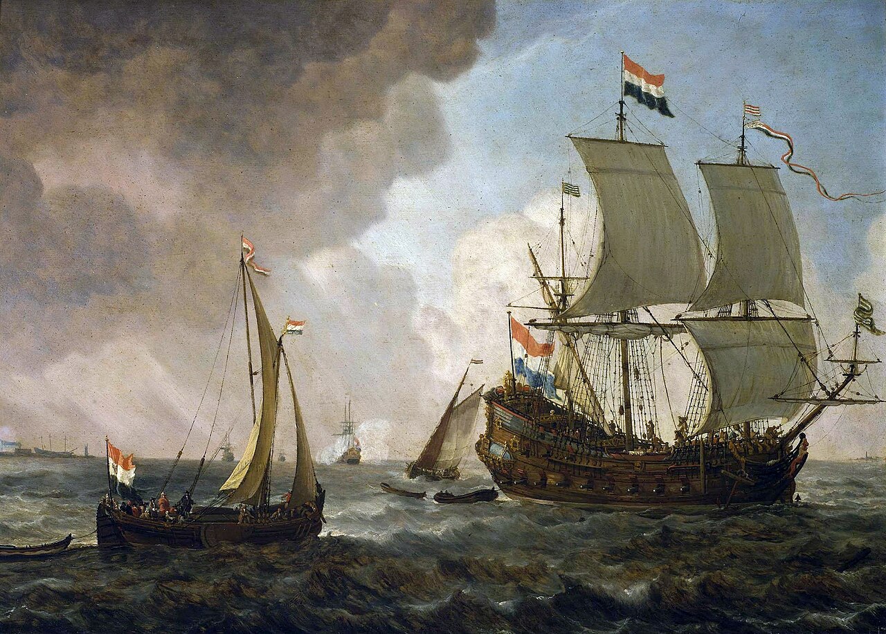 A Dutch men-of-war and small vessels in a breeze. by Lieve Verschuier