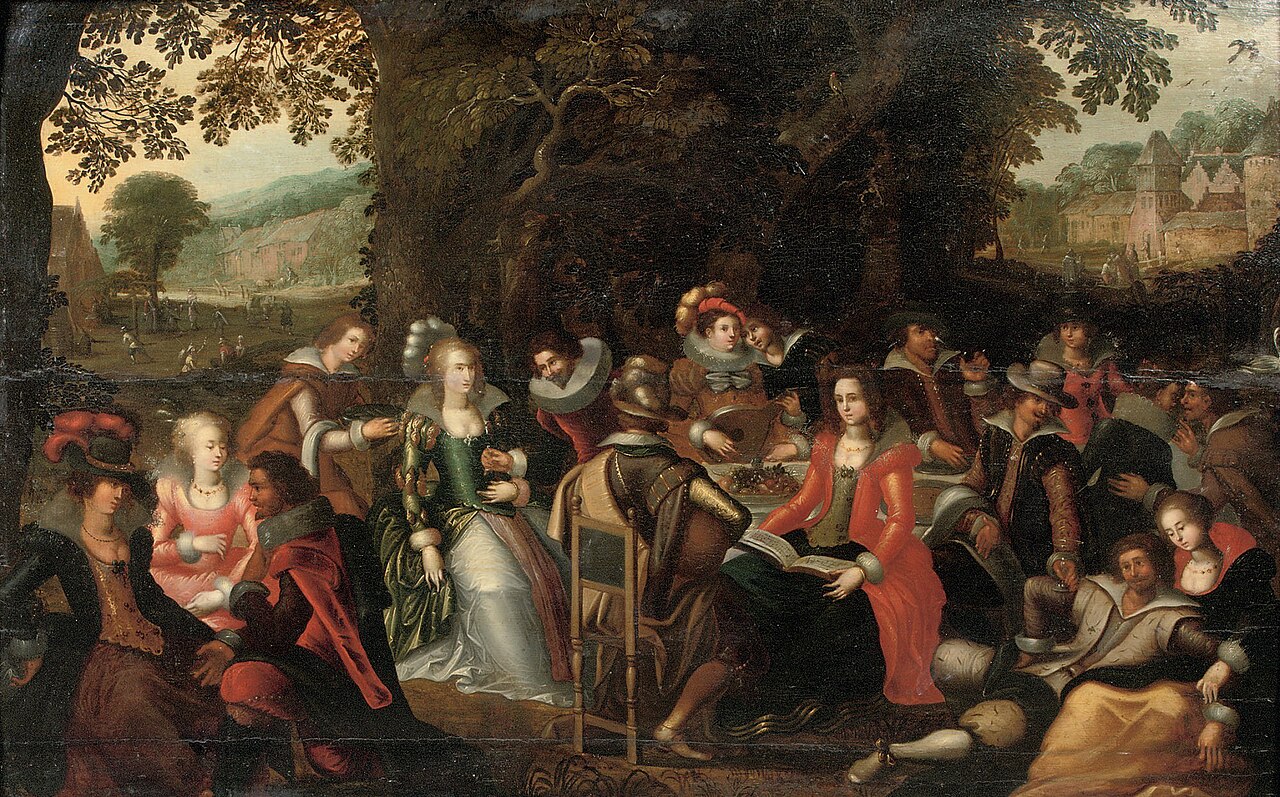 An elegant company dining and making music in a garden. by Louis de Caullery