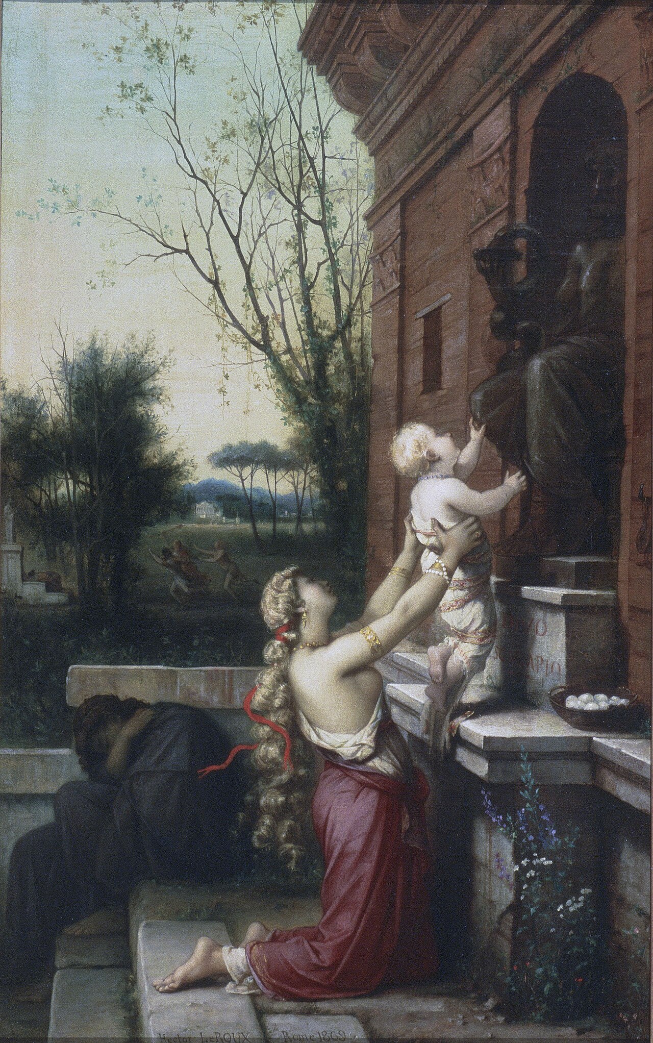 Woman Holding a Child Up To Touch a Statue of Aesculapius by Louis Hector Leroux