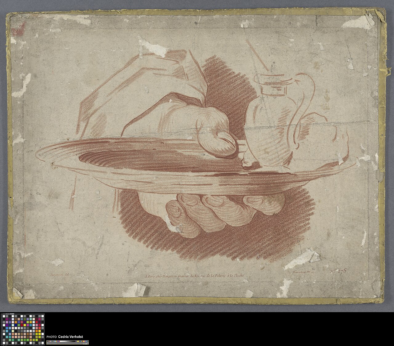 Academic print: hand holding a plate on which is a small vase by Louis Jean-Jacques Durameau