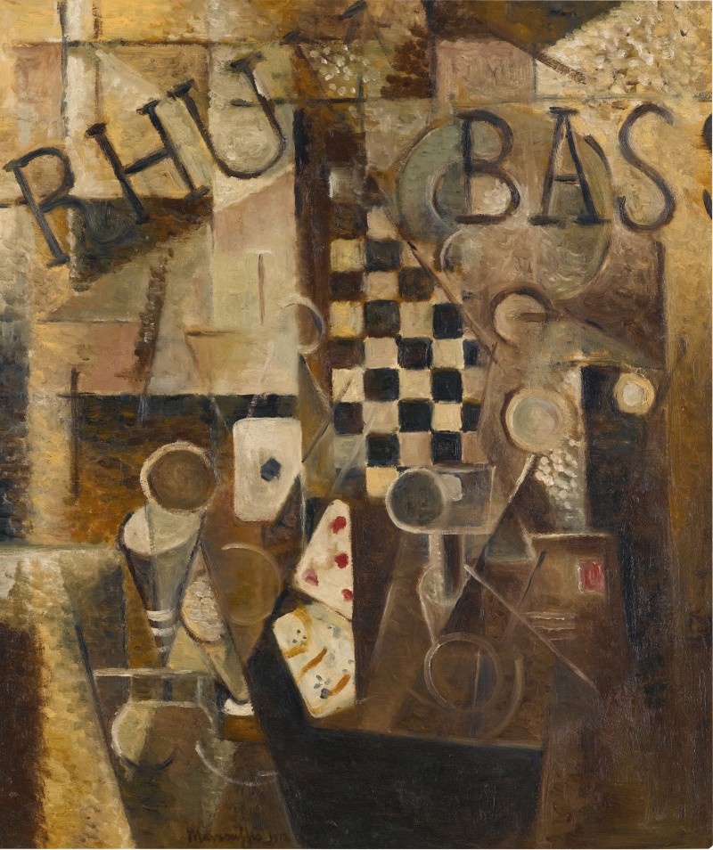 Still life with checkerboard, rum, bass by Louis Marcoussis