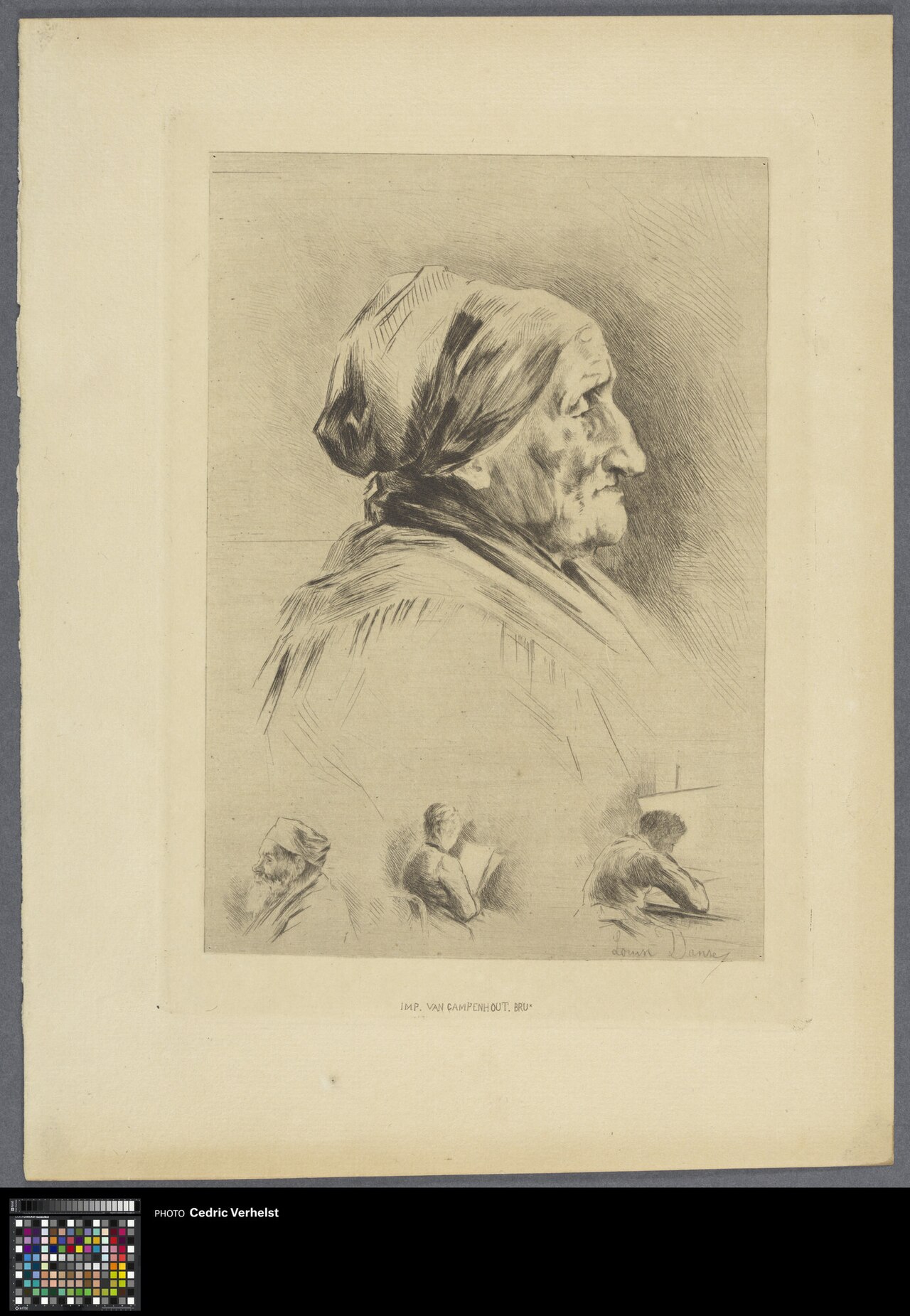 Head of an old woman with three figure studies by Louise Danse