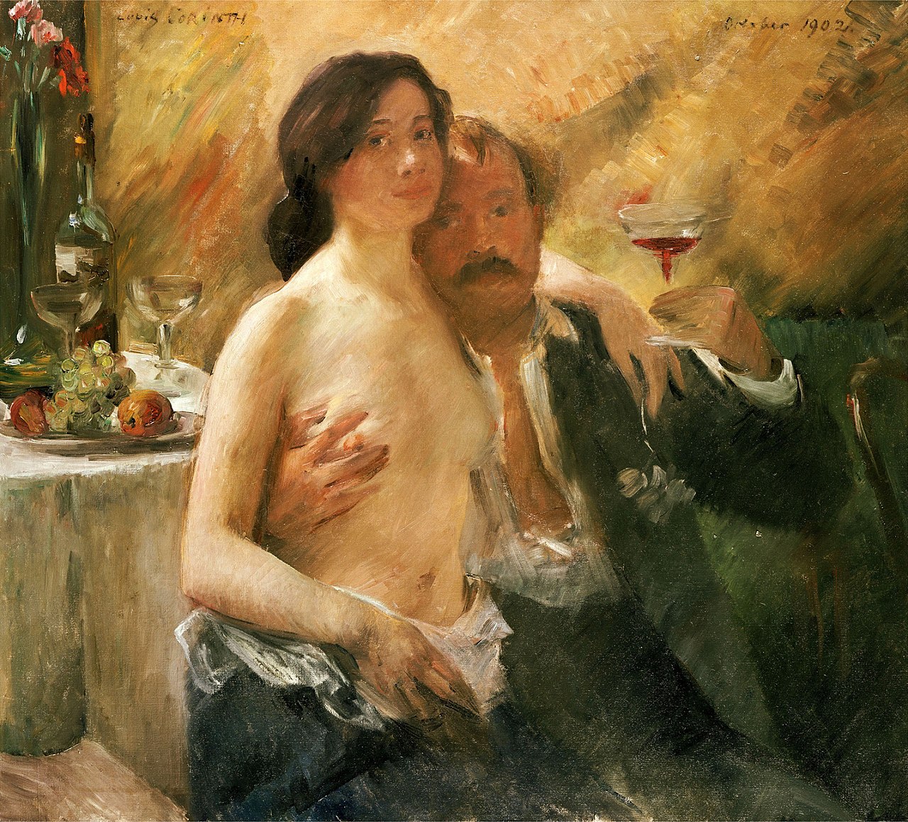 Self portrait with his wife Charlotte Berend-Corinth and a sekt glass by Lovis Corinth