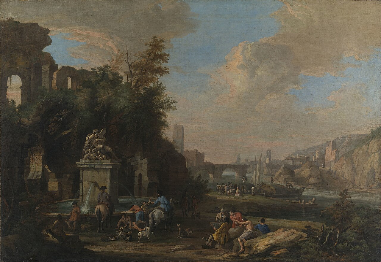 A Caprice Landscape with a Fountain and an Artist Sketching by Luca Carlevarijs