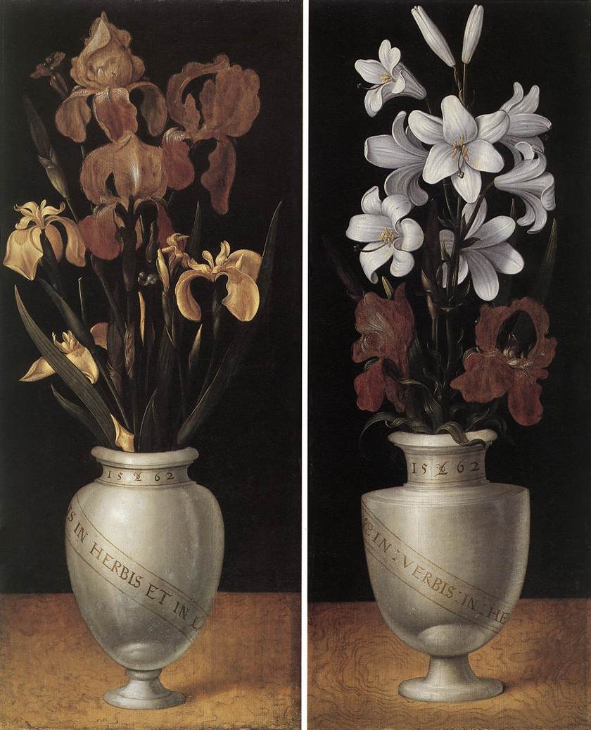 A Vase with White Lilies and A Vase with Reddish-Brown and Yellow Irises by Ludger Tom Ring the Younger
