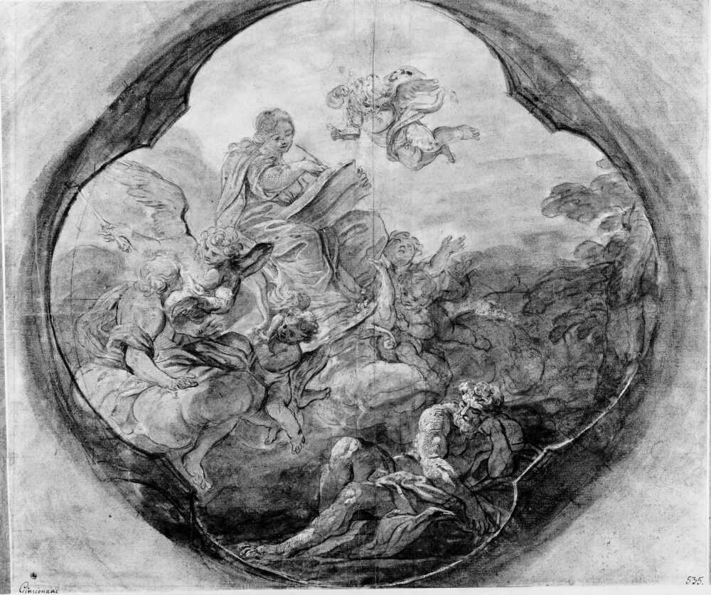 Allegory on Vigilance. Preparatory study for a ceiling decoration in S. Carlo al Corso, Rome by Ludovico Gimignani