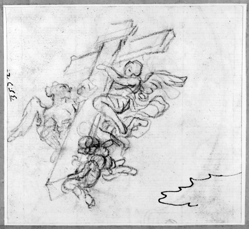 Beskrivning i Bjurström It. Drawings nr 727: Watermark: Fleur de lis. Angels flying with the Cross of Christ by Ludovico Gimignani
