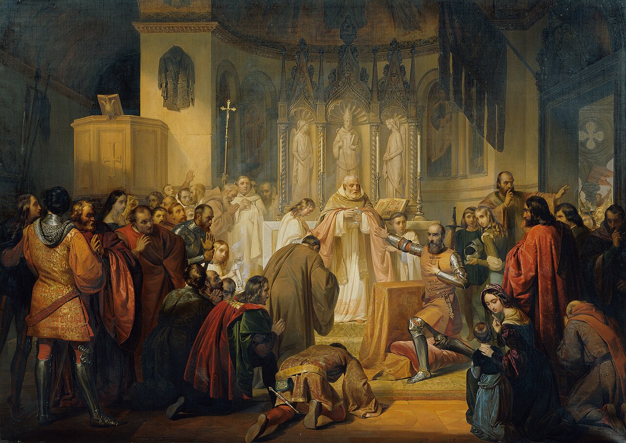 Vittore Pisani receives Holy Communion before taking command of an expedition against the Genoese by Ludovico Lipparini