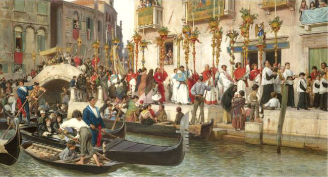 Bridge on the Riva degli Schiavoni - A Procession in Venice by Ludwig Passini