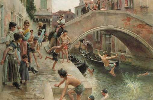 Figures on a Venetian Canal by Ludwig Passini