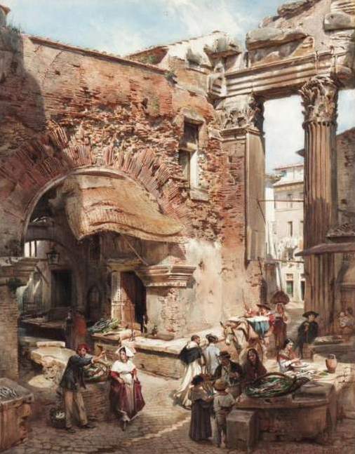 Italianate Market Scene with Roman Ruins by Ludwig Passini