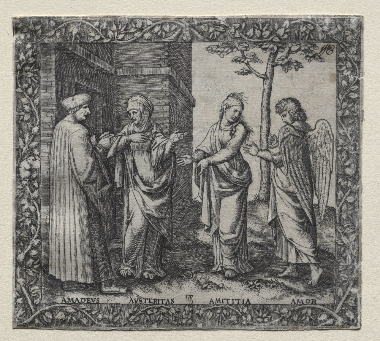 Illustration to Amadeo Berruti's Dialogue on Friendship, Rome, 1517 by Marcantonio Raimondi