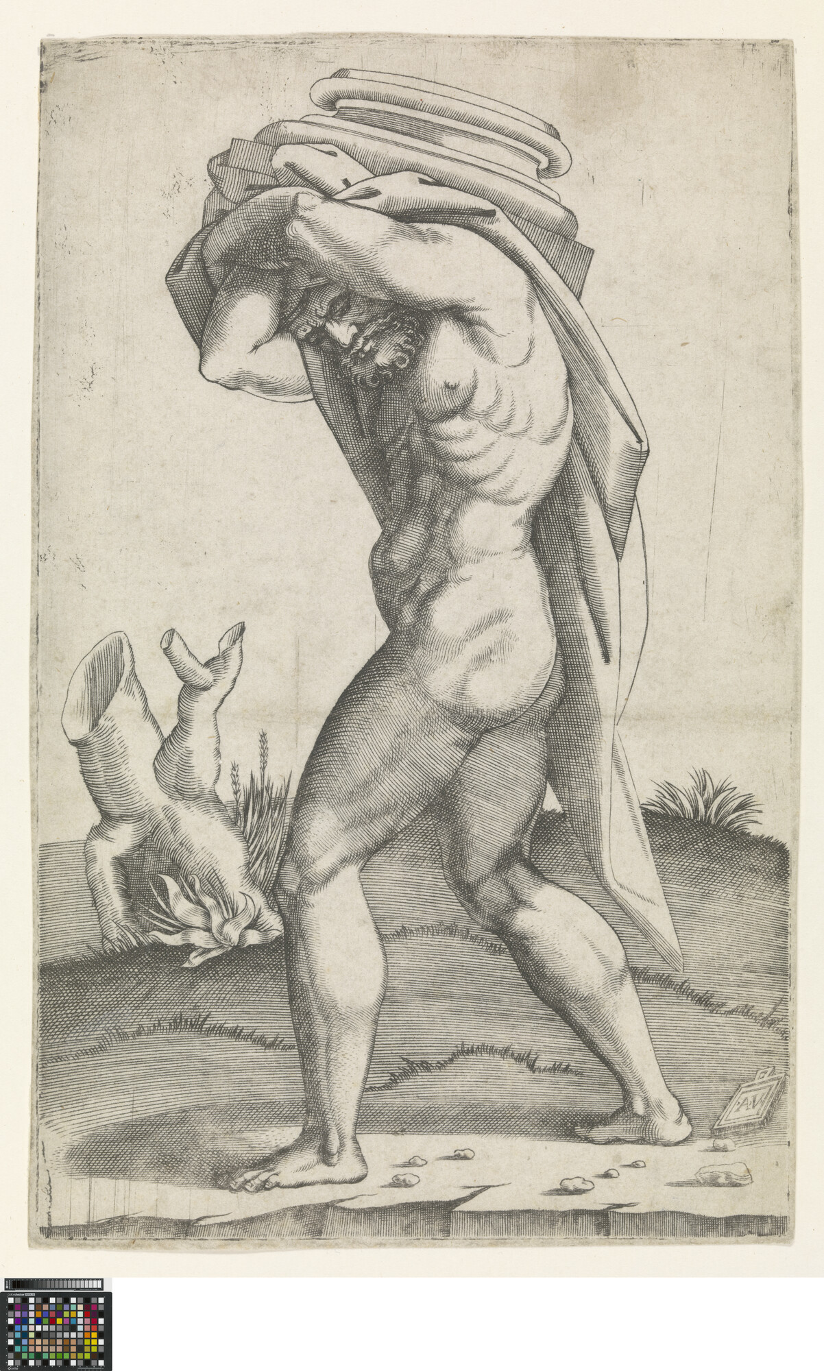 Naked man carrying the base of a column by Marcantonio Raimondi