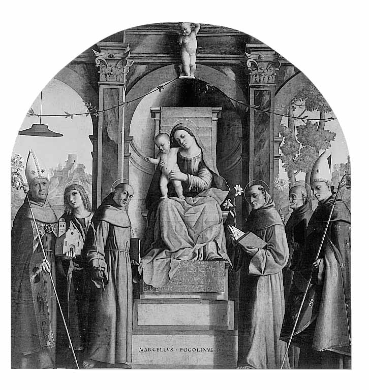 Enthroned virgin Mary with blessing child an saints by Marcello Fogolino