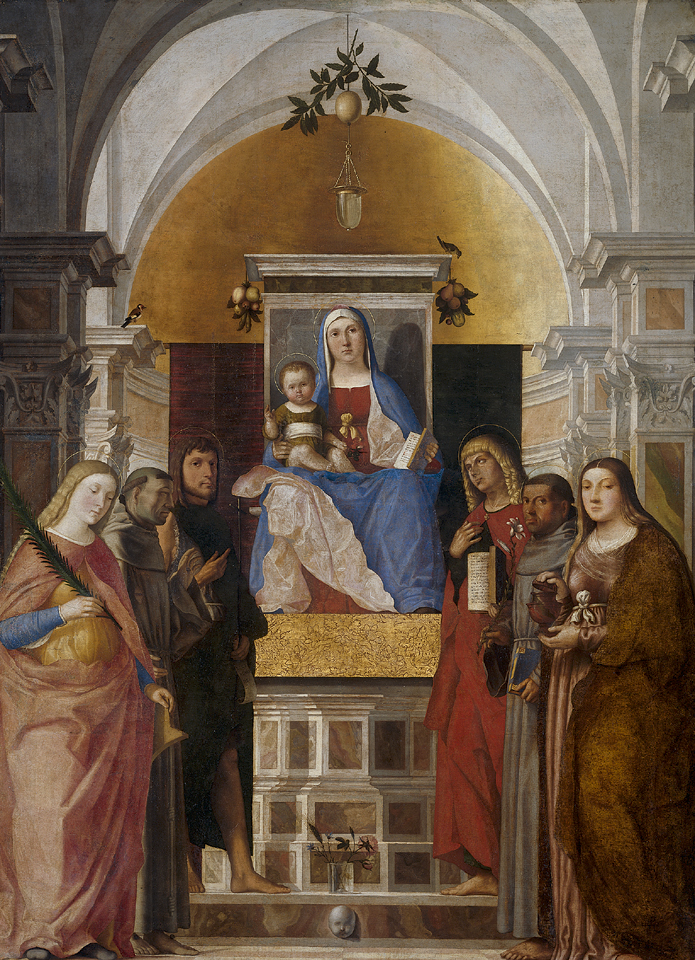 Virgin and Child with Saints Catherine, Francis, John the Baptist, Mary Magdalene, Antony of Padua, John the Evangelist by Marcello Fogolino