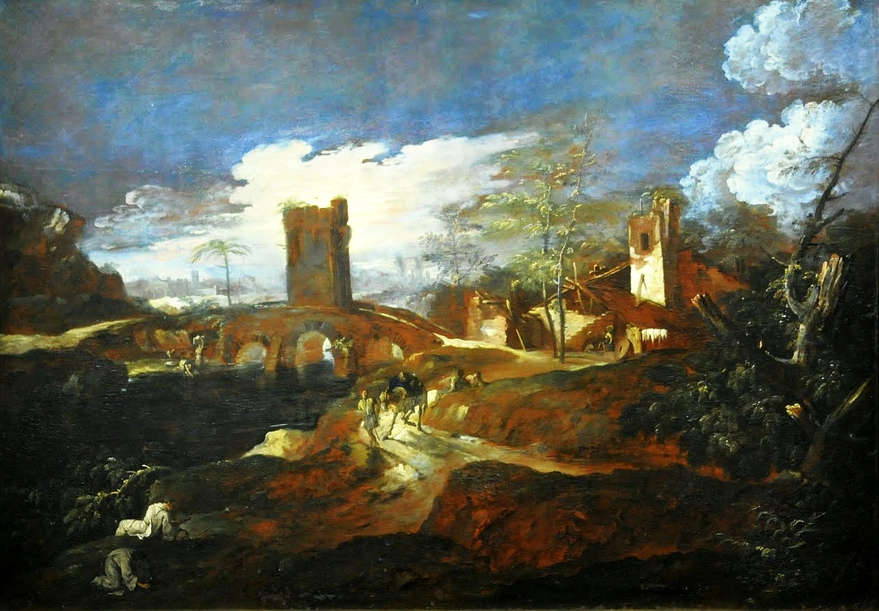 Landscape with a bridge and a tower (detail). by Marco Ricci