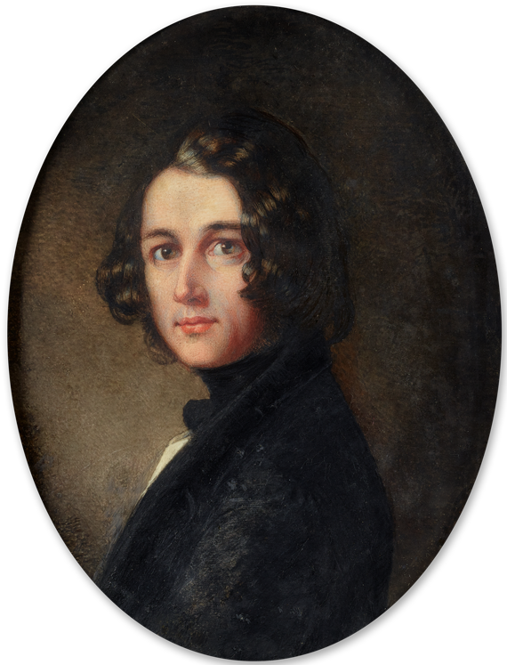 Portrait of Charles John Huffman Dickens (1812-1870), wearing dark jacket and cravat, white waistcoat, his dark hair worn collar-length in long curls, 1843 by Margaret Gillies