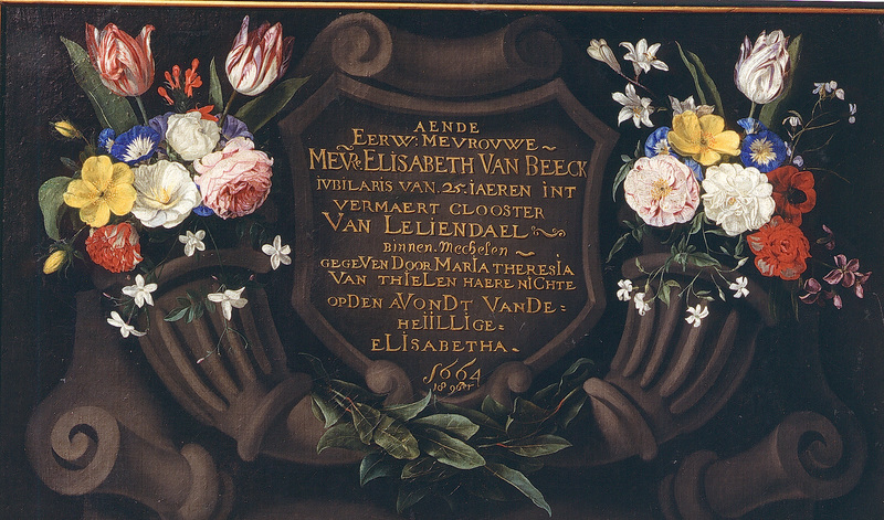 Flowers on a Memorial plaque for 25 years of service by sister elisabeth van Beeck of Leliendael by Maria Theresia van Thielen