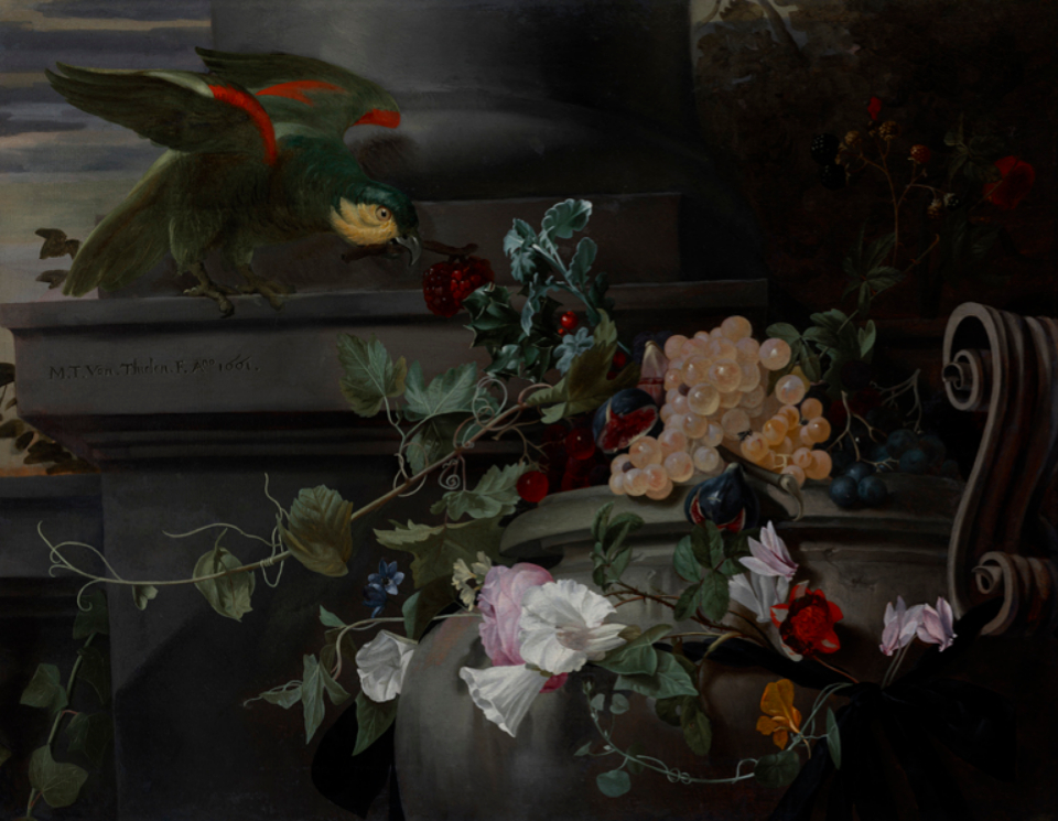 Still Life with a Parrot by Maria Theresia van Thielen