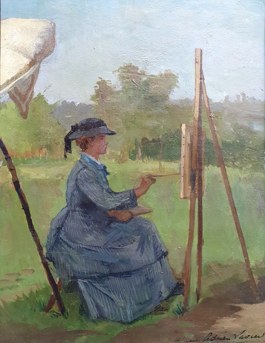 Self-portrait with easel by Marie Adrien Lavieille