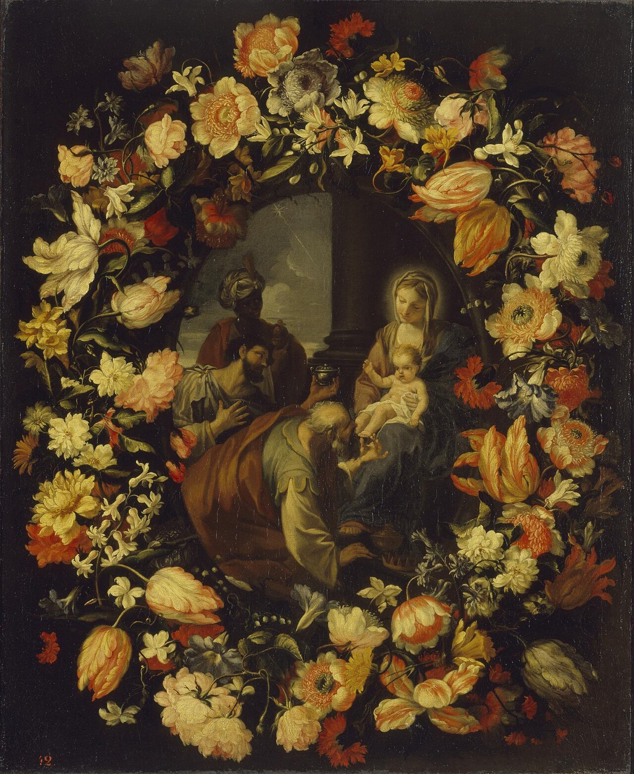 Adoration of the Magi framed by a Garland of Flowers by Mario Nuzzi