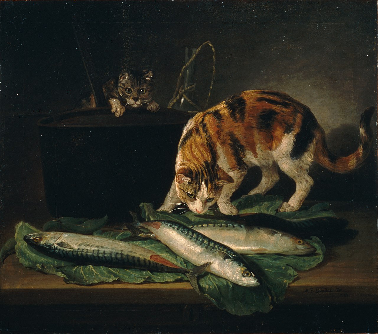 Fish still life with two cats by Martin Ferdinand Quadal