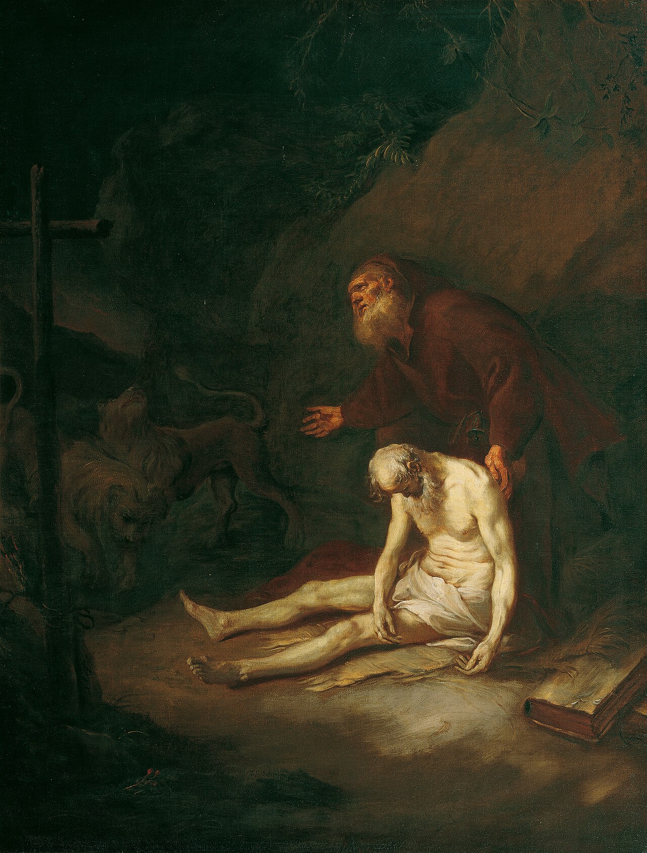 St. Antony Abbot buries St. Paul the Hermit with the help of two lions that scratch a hole in the ground by Martin Johann Schmidt