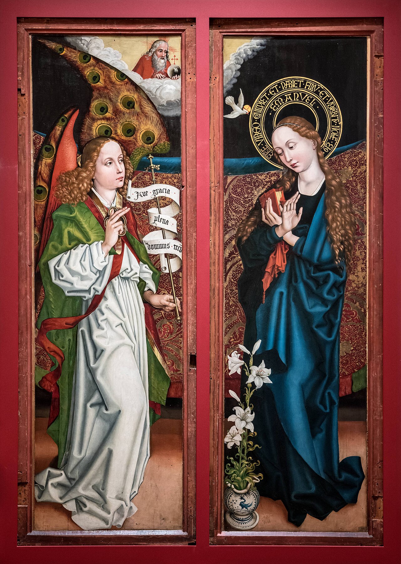 Orlier altar, outer wings: Angel and Madonna of Annunciation, inner wings: Saint Anthony and Nativity by Martin Schongauer