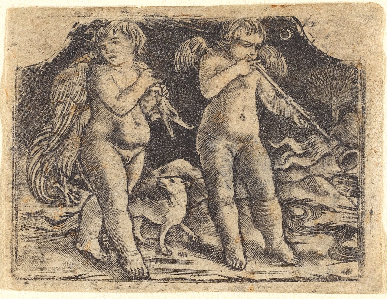 Cupid carrying a fowl accompanied by a dog, and another cupid playing a trumpet by Maso Finiguerra