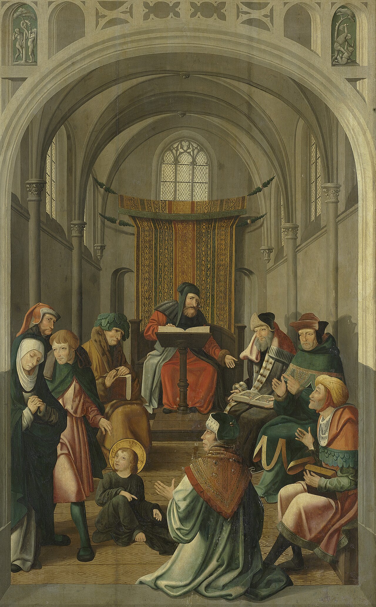 Panel of an altarpiece with Jesus disputing with the doctors in the Temple (inner wing) and Christ appearing to his mother (outer wing) by Master of Alkmaar