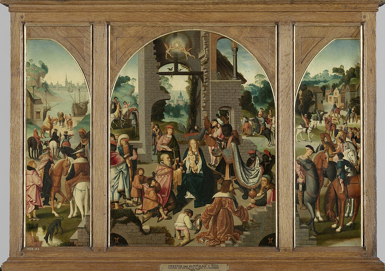 Triptych with the adoration of the Magi (centre panel and inner wings), St Antony Abbot (outer left wing) and St Adrian (outer right wing) by Master of Alkmaar