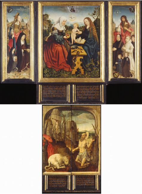 Portrait of Dirck van Heemskerck van Beest & sons with John the Baptist, Madonna and Child with St Anne, and Gertruid van Diemen & daughter with Mary Magdalene by Master of Delft