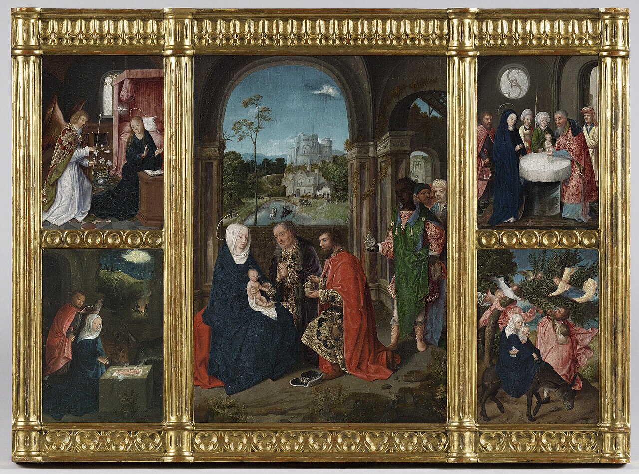 Altarpiece showing scenes from the Infancy of Christ: The Adoration of the Magi [center]; The Annunciation; The Presentation of Christ in the Temple; The Flight into Egypt; The Nativity [clockwise from upper left] by Master of Hoogstraeten
