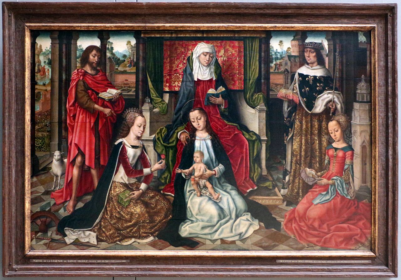Saint Anne with the Virgin and Child and four saints (John the Baptist, Louis IX, Catherine and Barbara) by Master of the Bruges Legend of St. Ursula