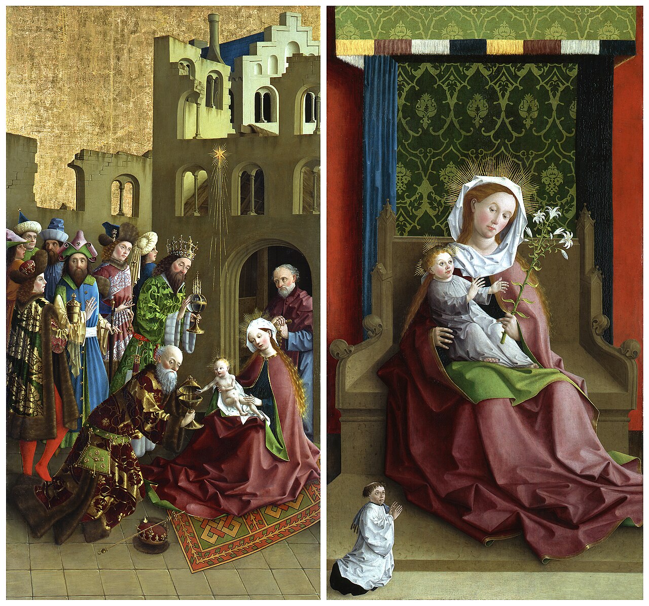 Left Wing of a cross altar, The Adoration of the Magi, Madonna and Child by Master of the Darmstadt Passion