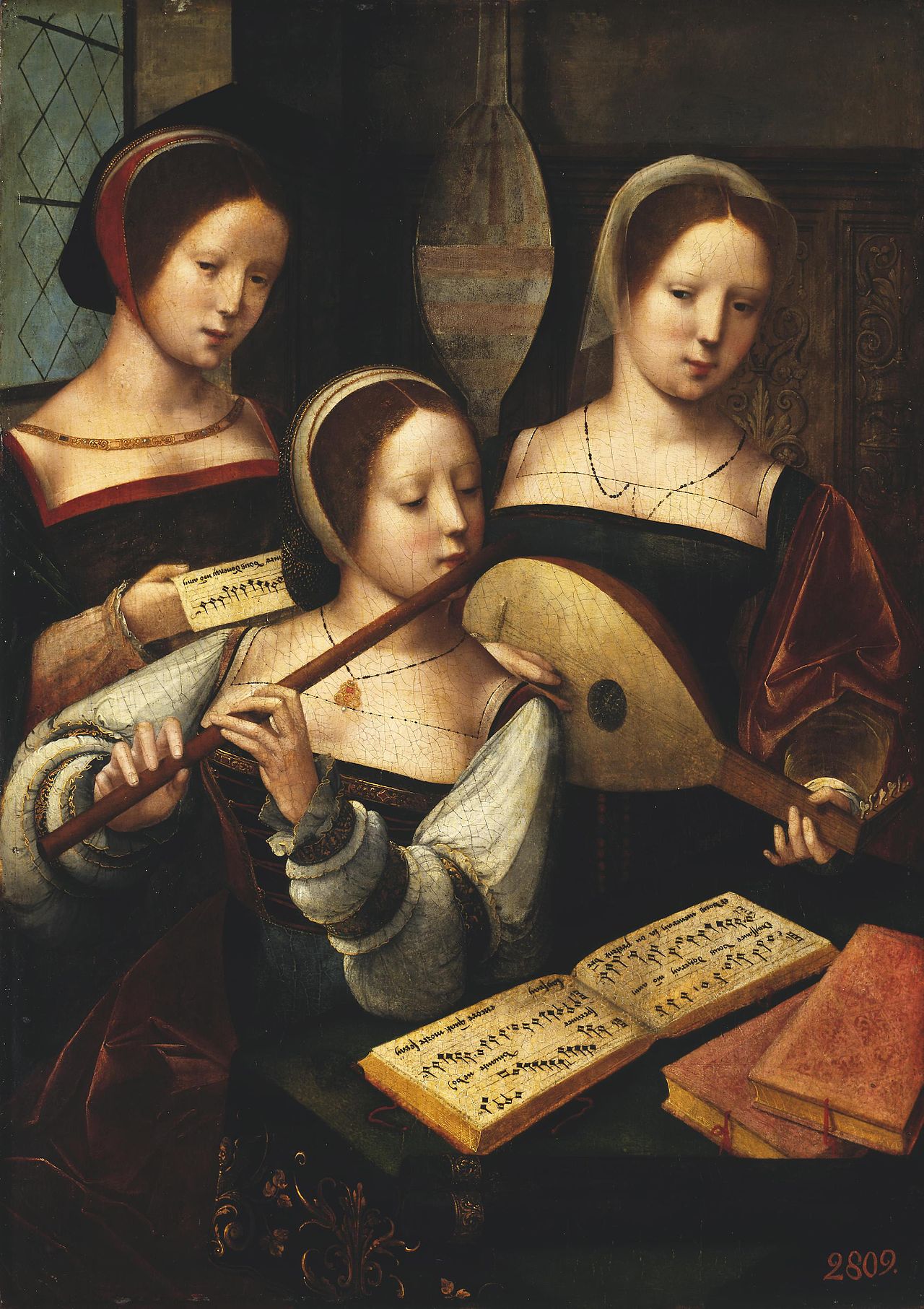 Three ladies playing music by Master of the Female Half-Lengths