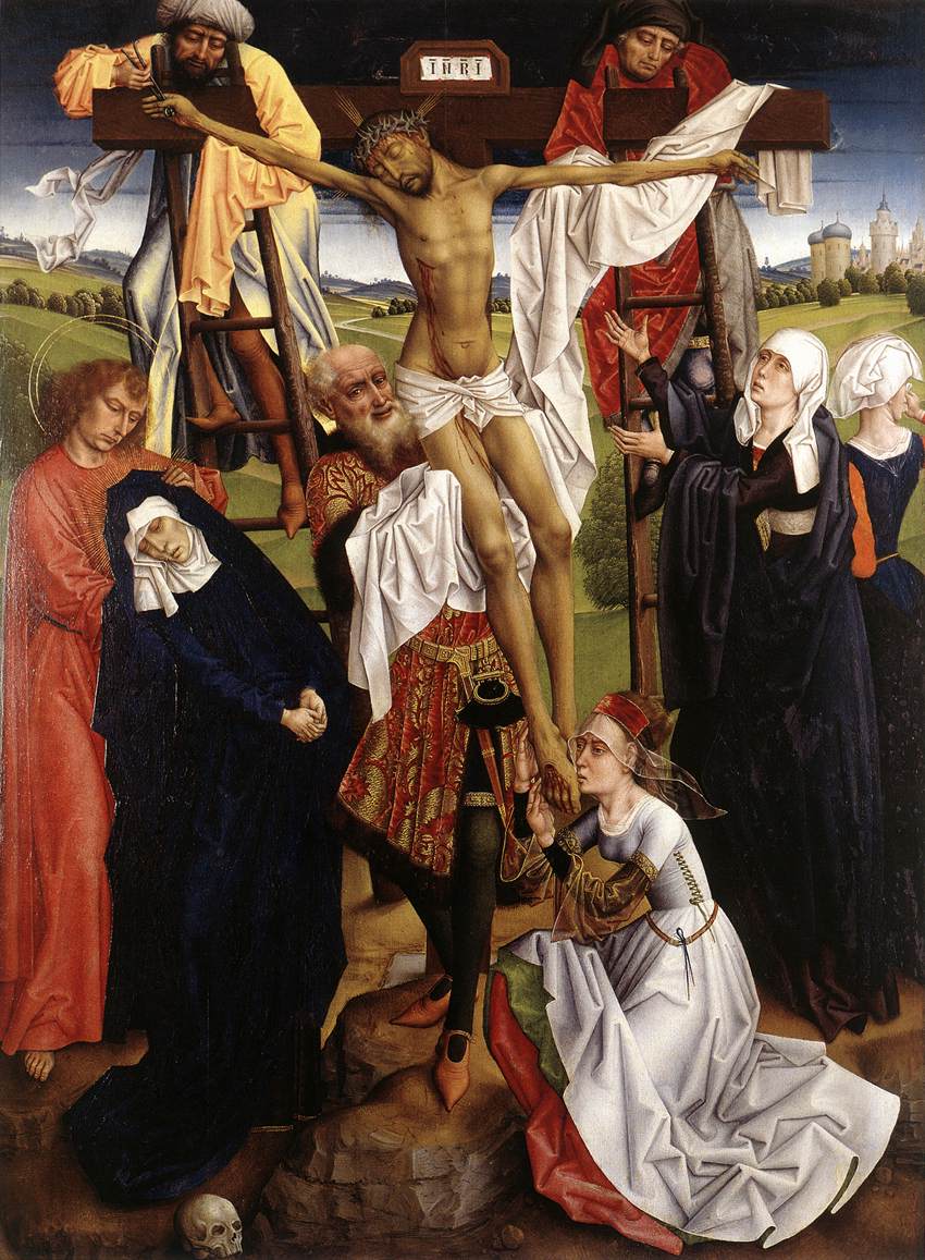 Altarpiece of the Descent from the Cross ; left shutter, Donor with St. Jerome ; right shutter, The Resurrection; Closed: The Annunciation in grisaille by Master of the Legend of Saint Catherine