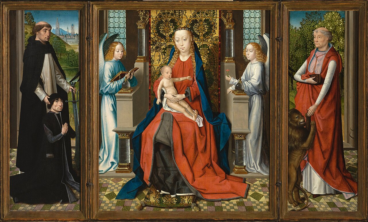 Triptych of Madonna and Child with Angels; Donor and His Patron Saint Peter Martyr; and Saint Jerome and His Lion by Master of the Legend of Saint Lucy