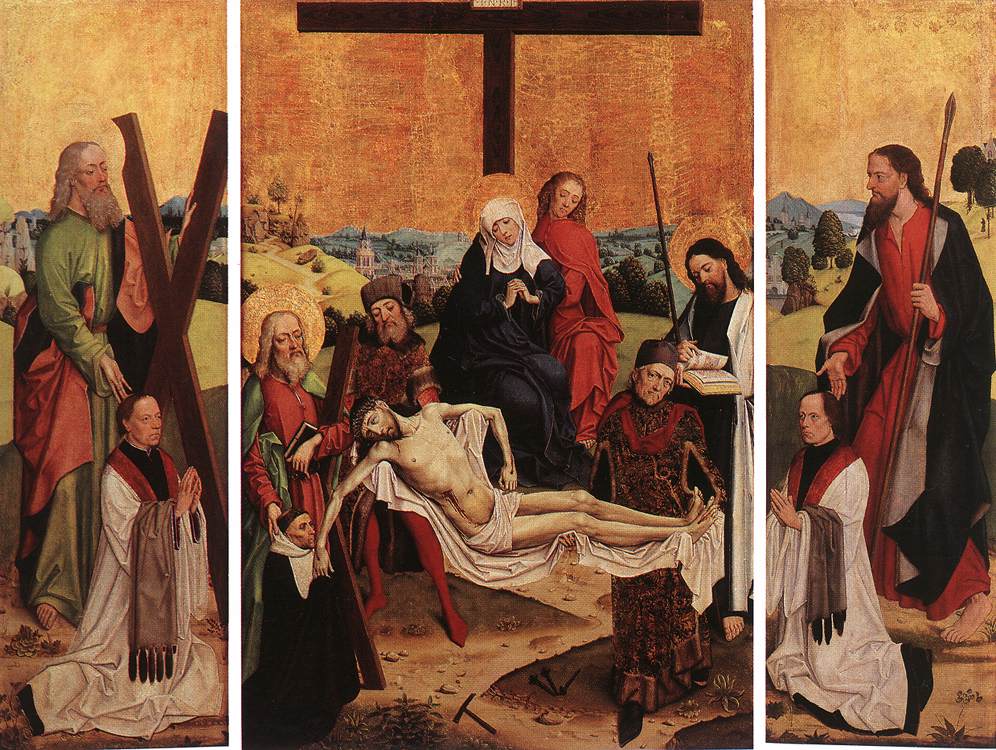 The Lamentation in the presence of canon Gerhard ter Steegen de Monte , Saint Andrew and Lambert de Monte and Saint Thomas and Johann de Monte by Master of the Life of the Virgin